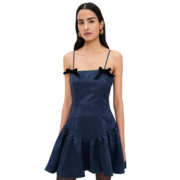 Another Girl Jaquard Mini Dress with Velvet Bows Navy XL