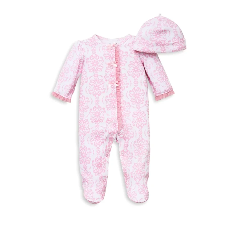 Little Me Girls' Damask Print Footie & Hat Set - Baby