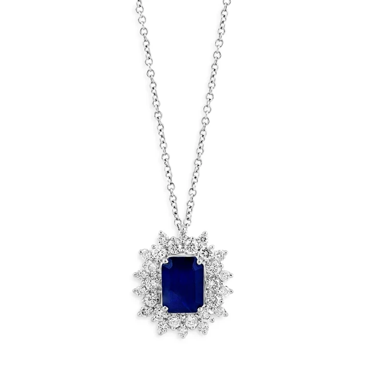 Sapphire & Diamond Starburst Pendant Necklace in 14K White Gold, 18