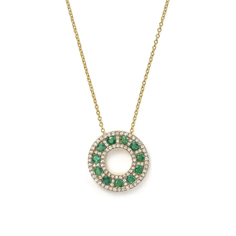 Emerald and Diamond Circle Pendant Necklace in 14K Yellow Gold, 17