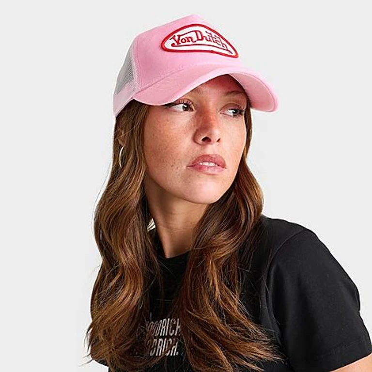 Von Dutch Velvet Trucker Hat in Light Pink/White