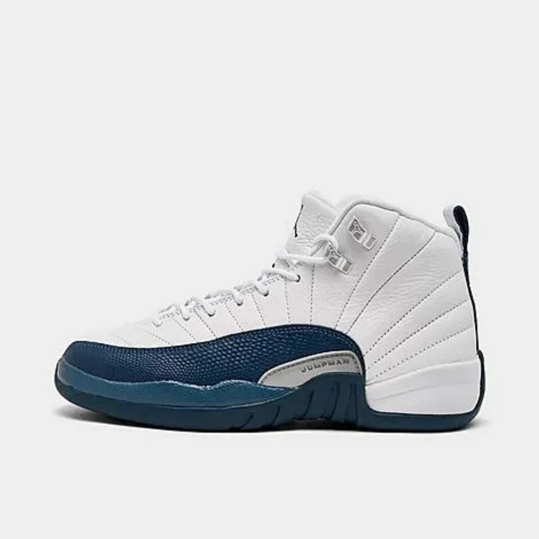 Jordan Big Kids Air Retro 12 Basketball Shoes in White/French Blue/Metallic Silver Size: 3.5