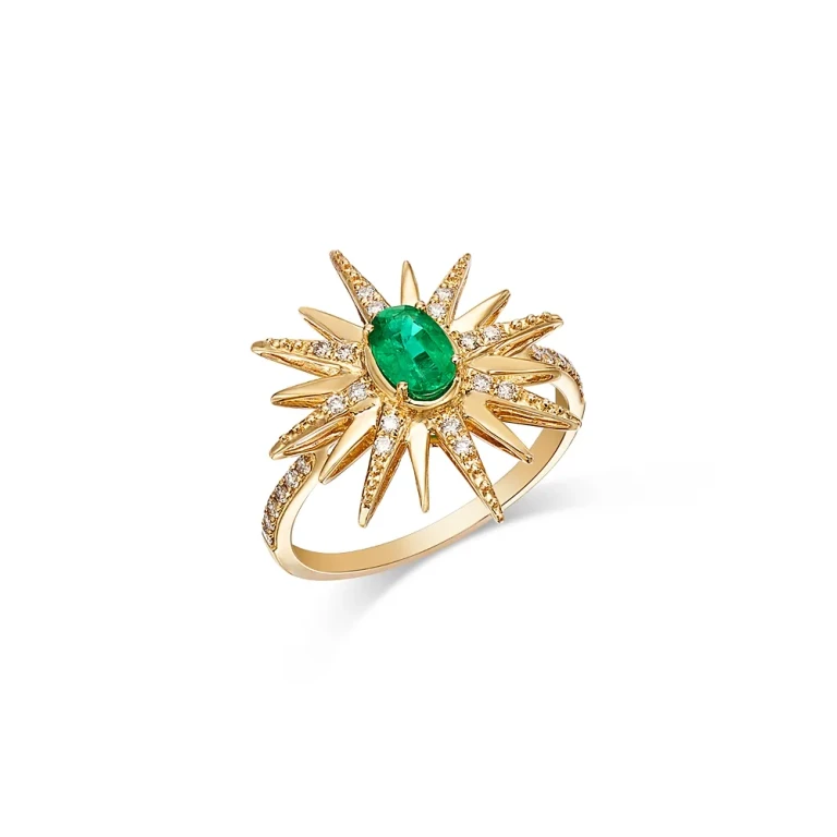 Emerald & Diamond Starburst Ring in 14K Yellow Gold