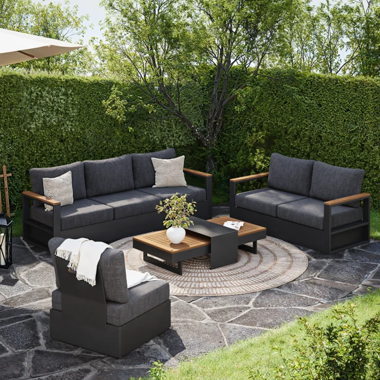 Modern Outdoor Sectional Sofa Set with Wood & Aluminum Frame 4-Piece in Gray