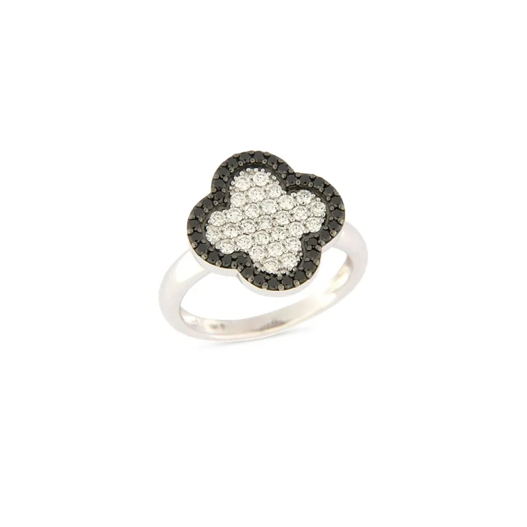 Black & White Diamond Pave Clover Ring in 14K White Gold, 0.73 tcw