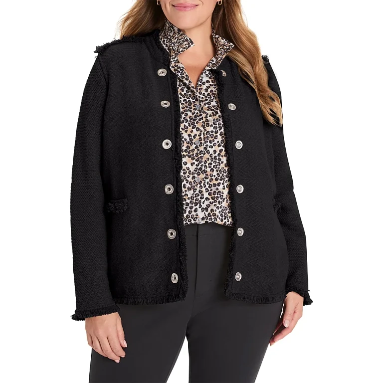 Nic+Zoe Plus Military Fringe Mix Knit Jacket
