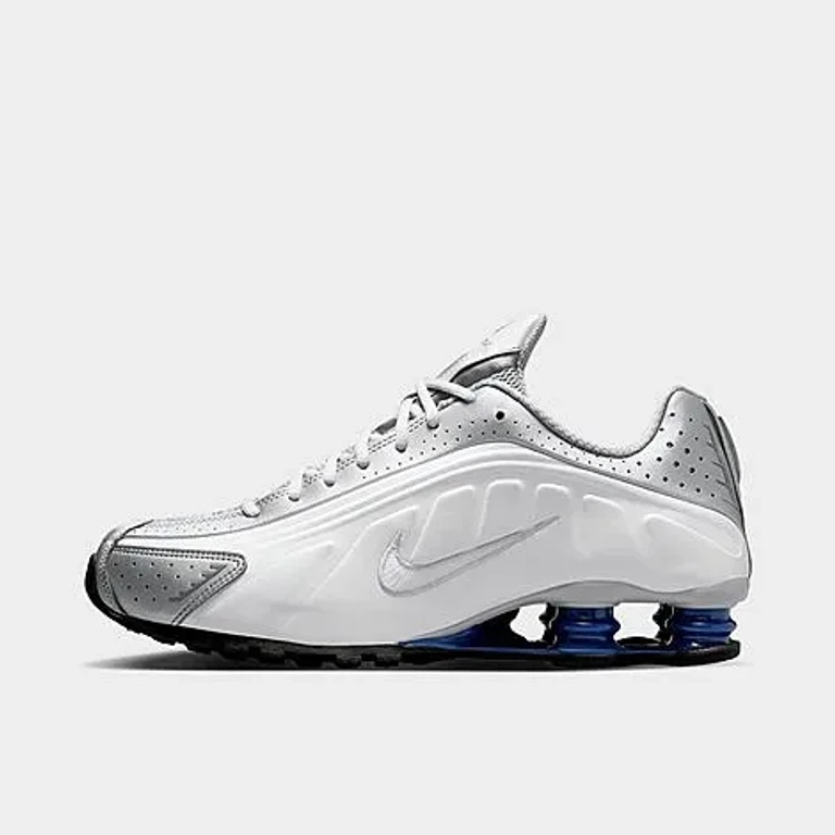 Nike Men's Shox R4 Casual Shoes in White/Metallic Silver/Deep Royal Blue Size: 7.0