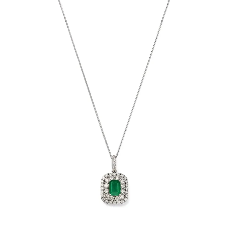 Emerald & Diamond Pendant Necklace in 14K White Gold, 18