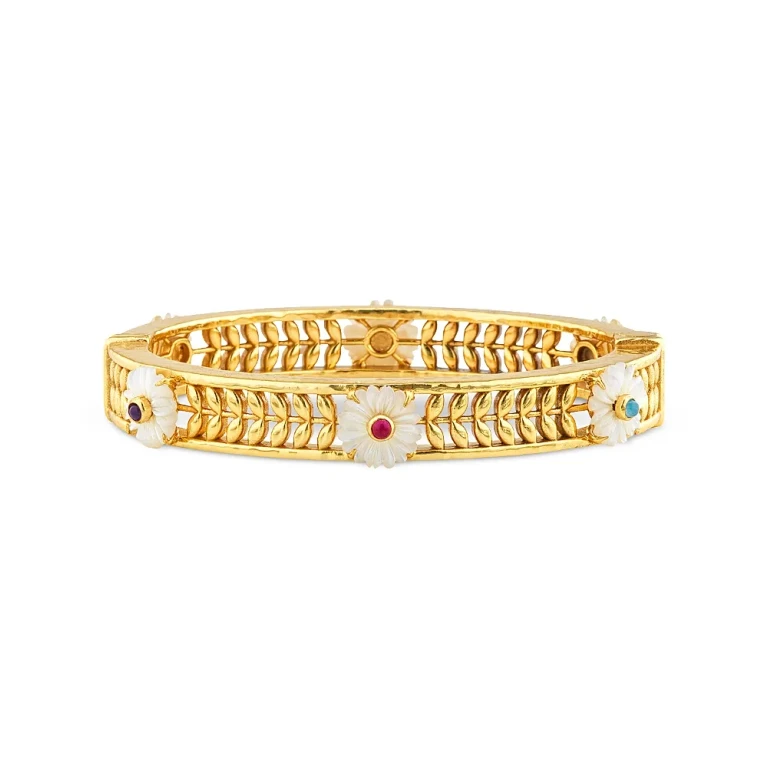 Capucine De Wulf Villandry Dyed Jade & Mother Of Pearl Fleur Vine Bangle Bracelet in 18K Gold Plated