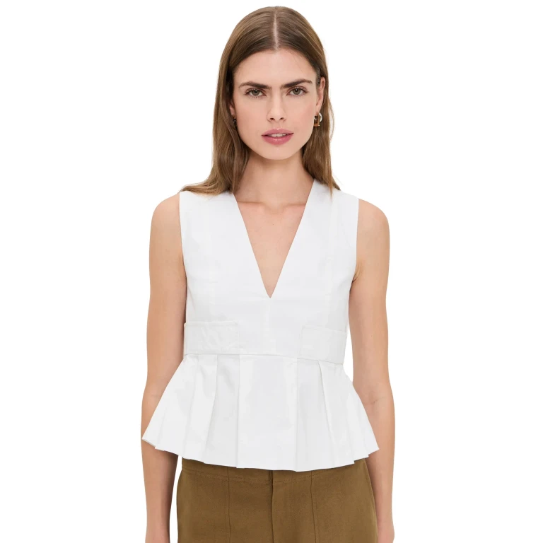 GANNI Stretch Cotton V Neck Pocket Blouse Bright White 44