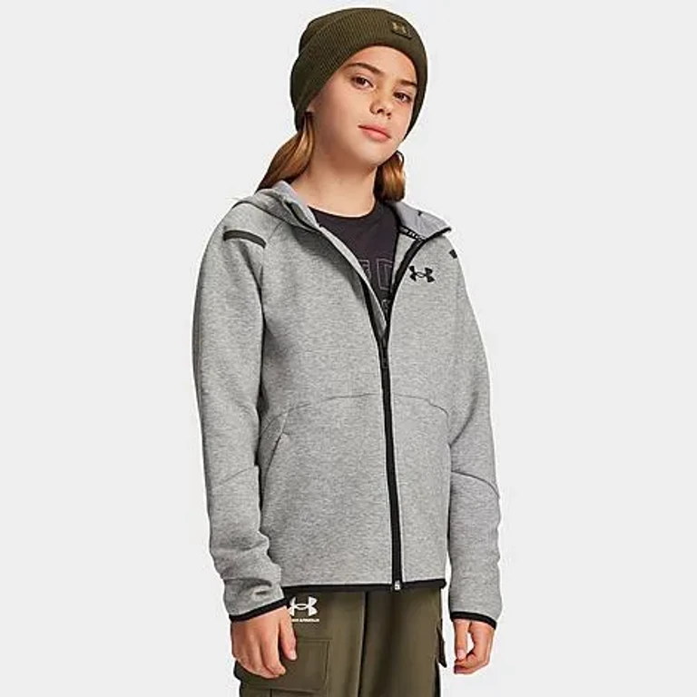 Under Armour Boys Big Kids Unstoppable Fleece Full-Zip Hoodie in Mod Grey Light Heather/Black Size: XS