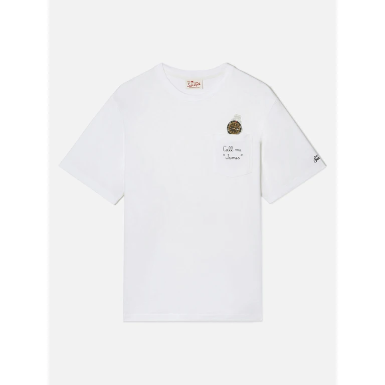 Mc2 Saint Barth White Austin T-Shirt With Watch And Call Me James Embroidery - Men