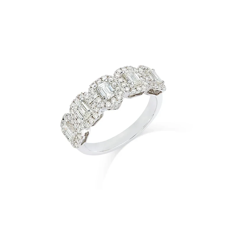 Diamond Emerald Cut Halo Ring in 18K White Gold, 1.50 tcw