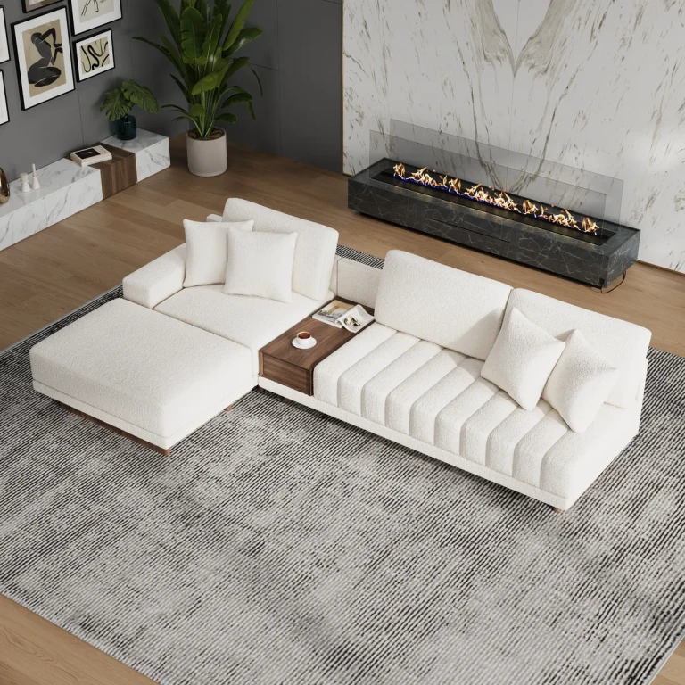 126" L-Shaped Off-White Modular Sectional Sofa with Ottoman for Living Room