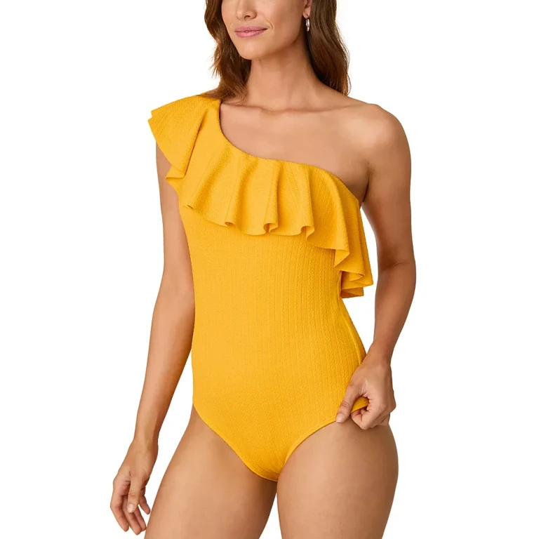 Shoshanna One Shoulder Ruffle Ribbed One Piece Swimsuit