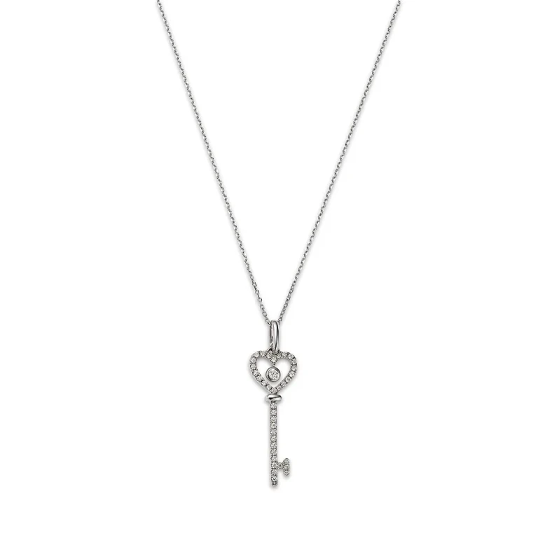 Diamond Key Pendant Necklace in 14K White Gold, 0.20 tcw