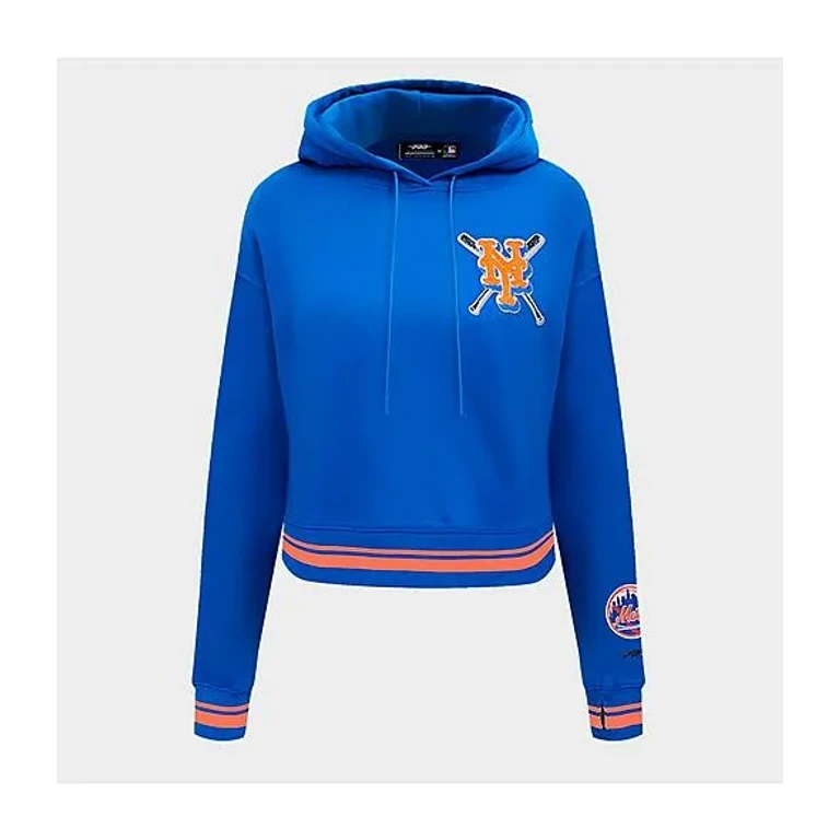 Pro Standard Women's New York Mets MLB Mashup Rib Cropped Pullover Hoodie in Royal/Orange/Royal Size: XS