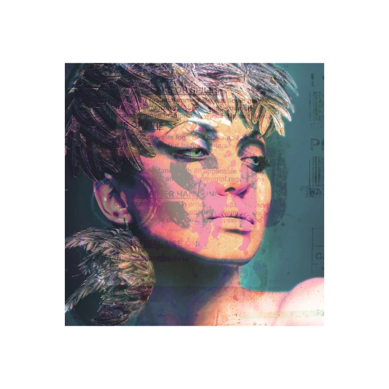 Woman In Feather Headpiece Artwork | Andrew Martin Pink Blue Face