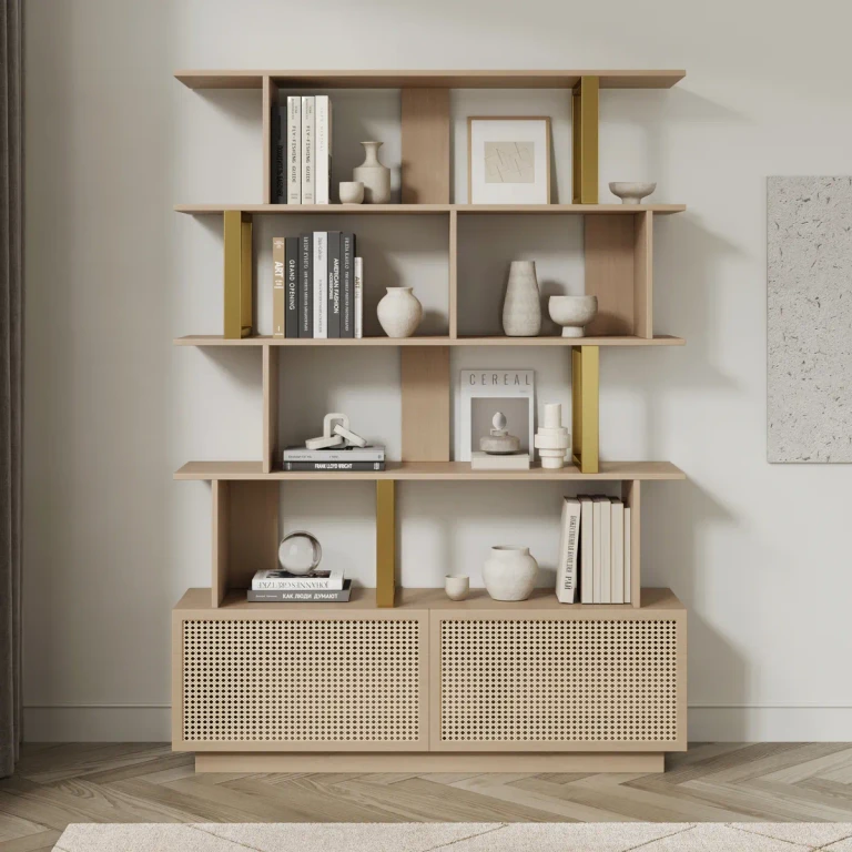 5-Tier Black Wood Bookshelf with 2 Doors Modern Bookcase in Gold Finish