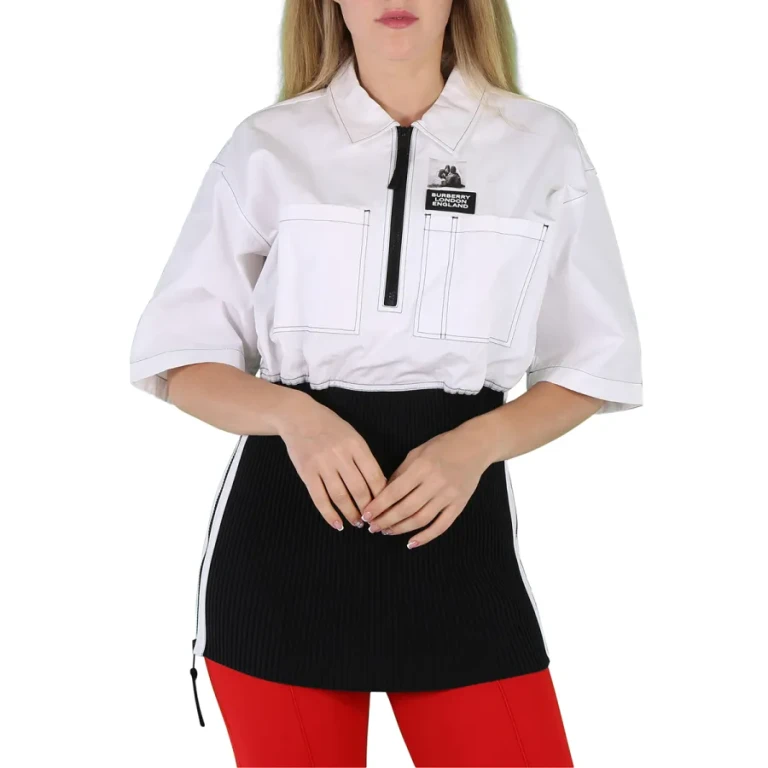 Burberry Ladies Optic White Knitted Panel Short-Sleeved Shirt