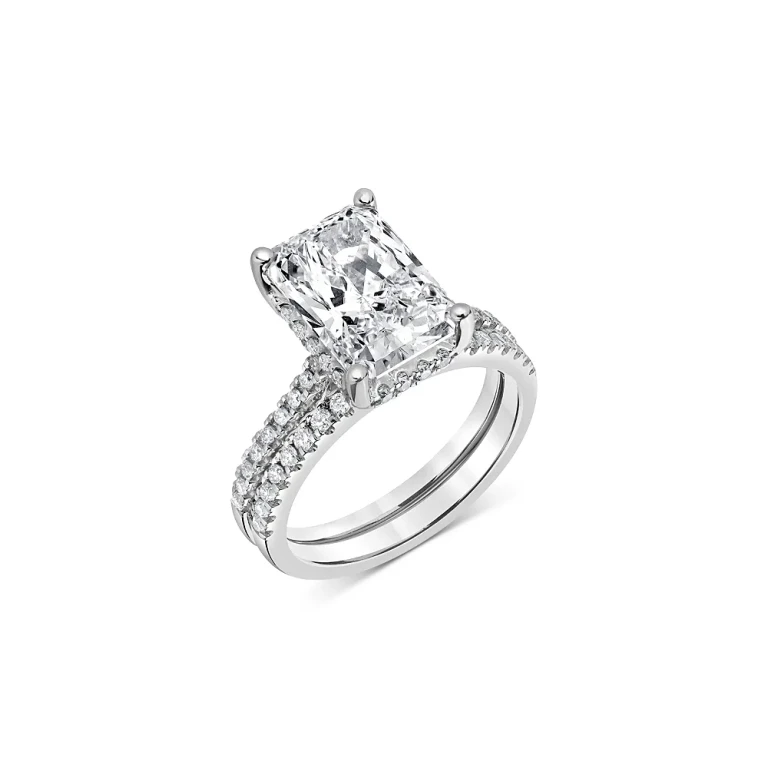 Certified Lab Grown Diamond Radiant Cut & Round Bridal Set in 18K White Gold, 4.50 tcw