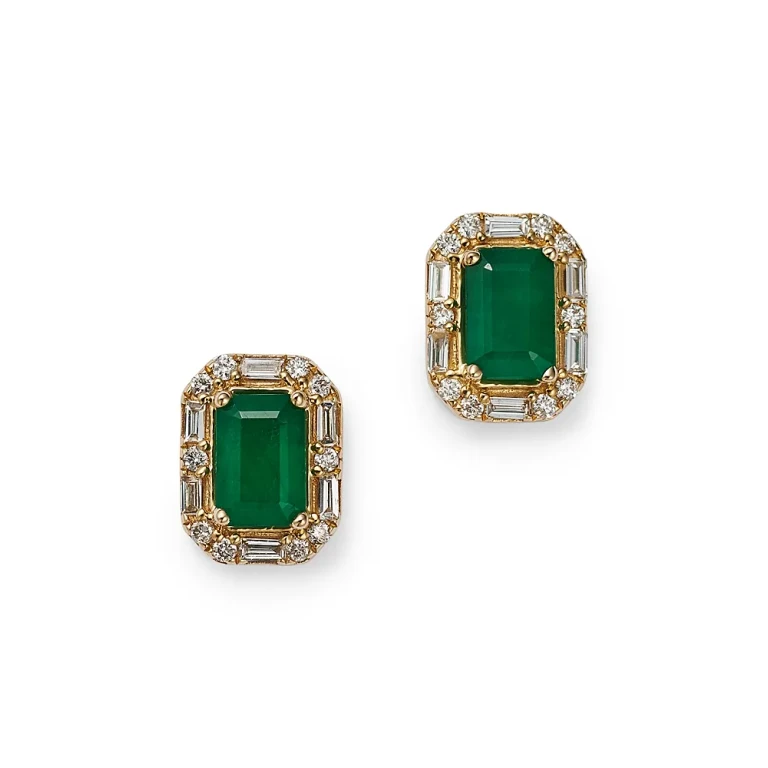 Emerald & Diamond Halo Stud Earrings in 14K Yellow Gold