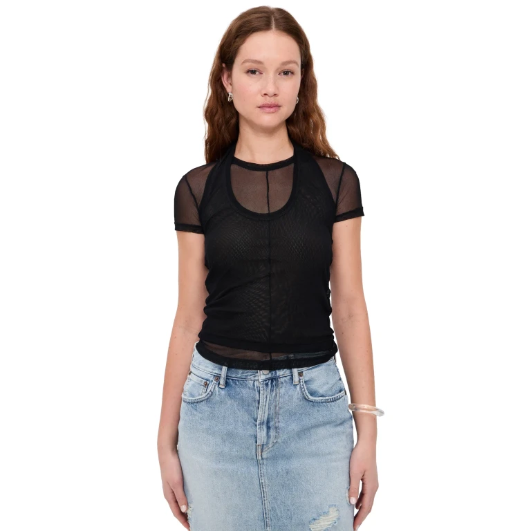 Helmut Lang Mesh Layered Tee Black M