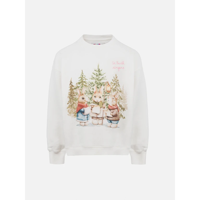 Mc2 Saint Barth Girl Crewneck Sweatshirt Briony With Bunny Print And Embroidery White