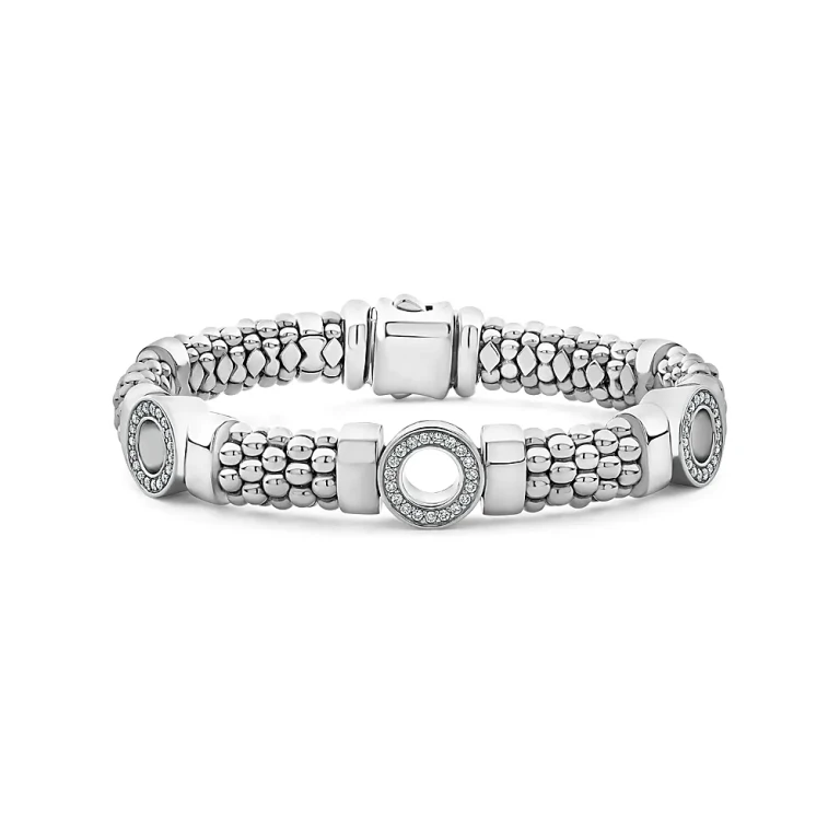 Lagos Sterling Silver Caviar Spark Diamond Three Circle Caviar Bead Link Bracelet