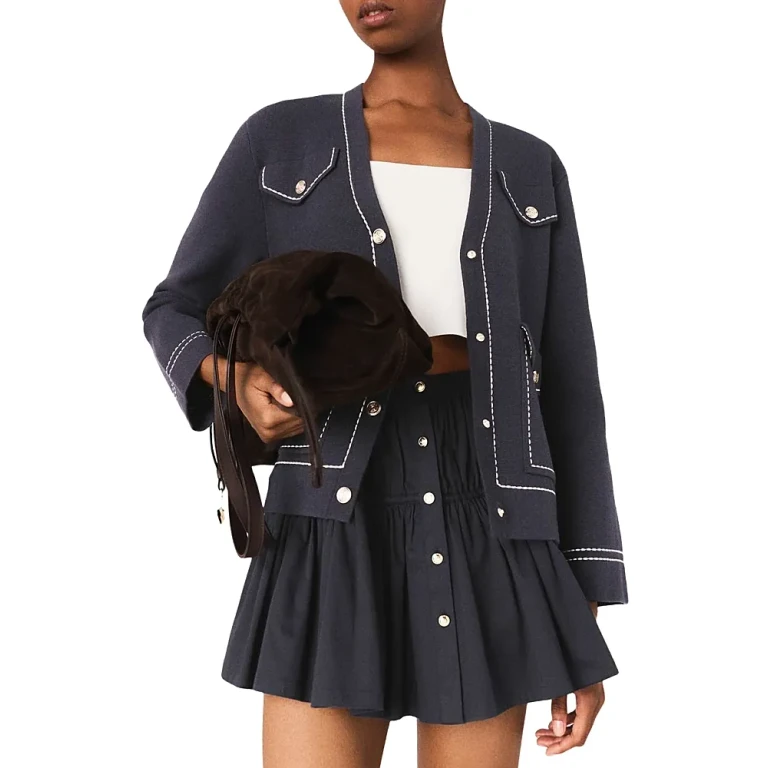Long Topstitched Knit Cardigan Sweater