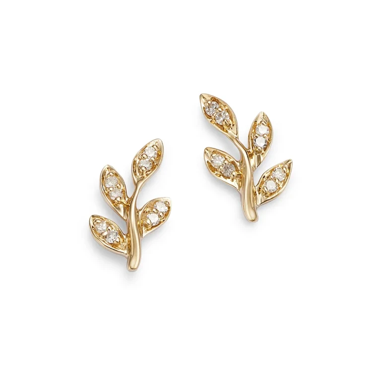 Diamond Leaf Stud Earrings in 14K Yellow Gold, 0.10 tcw