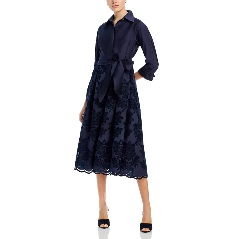 Teri Jon by Rickie Freeman Floral Eyelet Collared Midi Dress