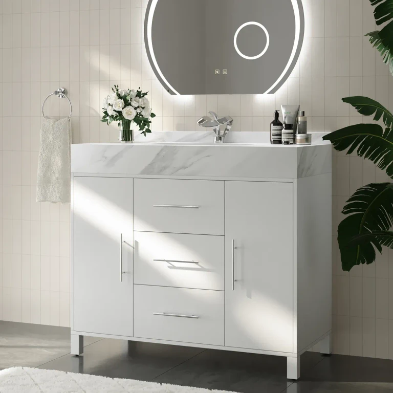 39.3" Floating Bathroom Vanity Cultured Marble Top Bathroom Cabinet Walnut with Sink