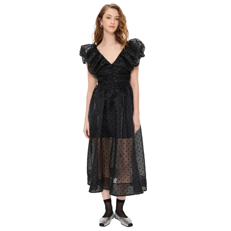 GANNI Flocked Organza Long Ruched Dress Schwarz 38