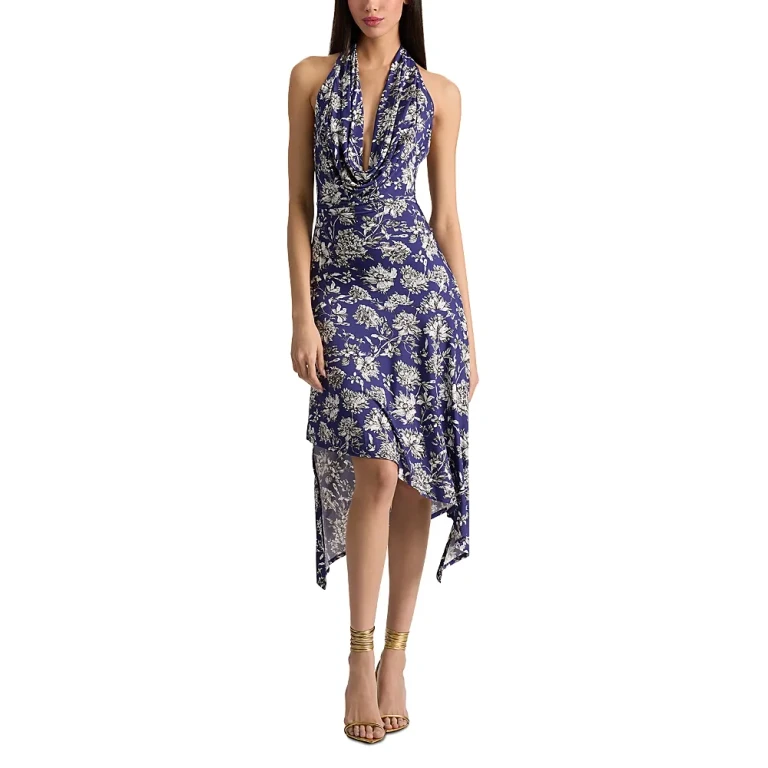 Alice and Olivia Dani Draped Cowl Neck Asymmetric Dress