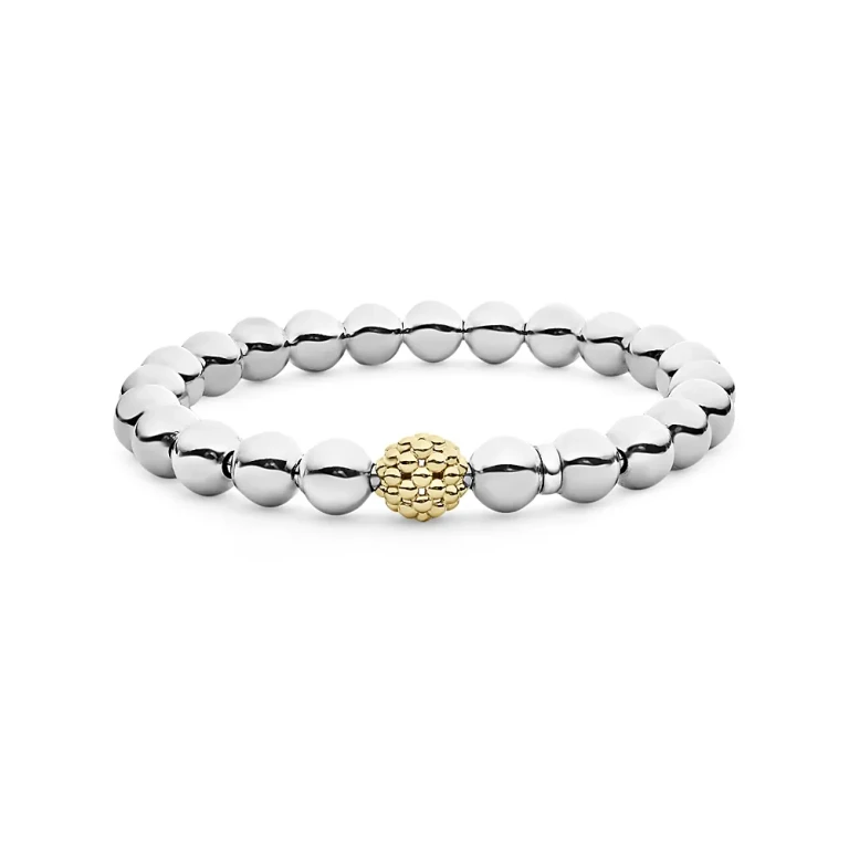 Lagos Sterling Silver & 18K Yellow Gold Signature Caviar Stretch Bracelet, 8