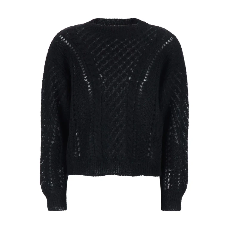 TwinSet Black Crewneck Sweater With Logo Plaque On The Rear And Perforated Design In Wool Woman