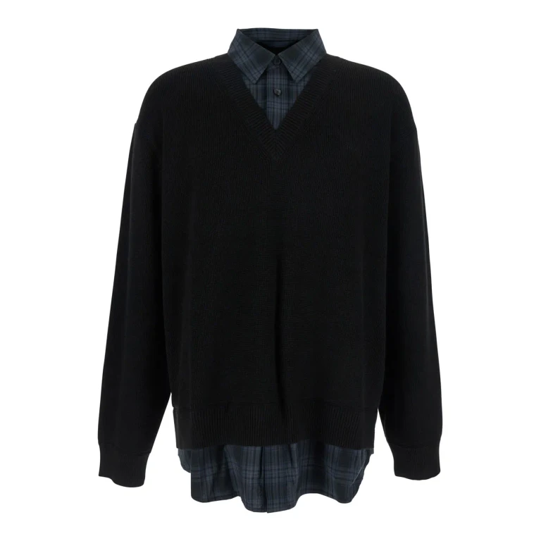 Juun. J Black Sweater With Layered Design And Classic Collar In Cotton And Wool Blend Man