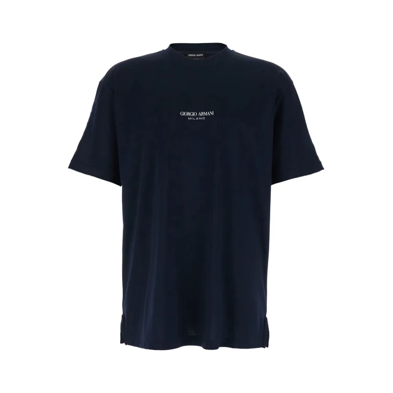 Giorgio Armani Blue T-shirt With Raised Collar And Logo On The Front In Cotton Man