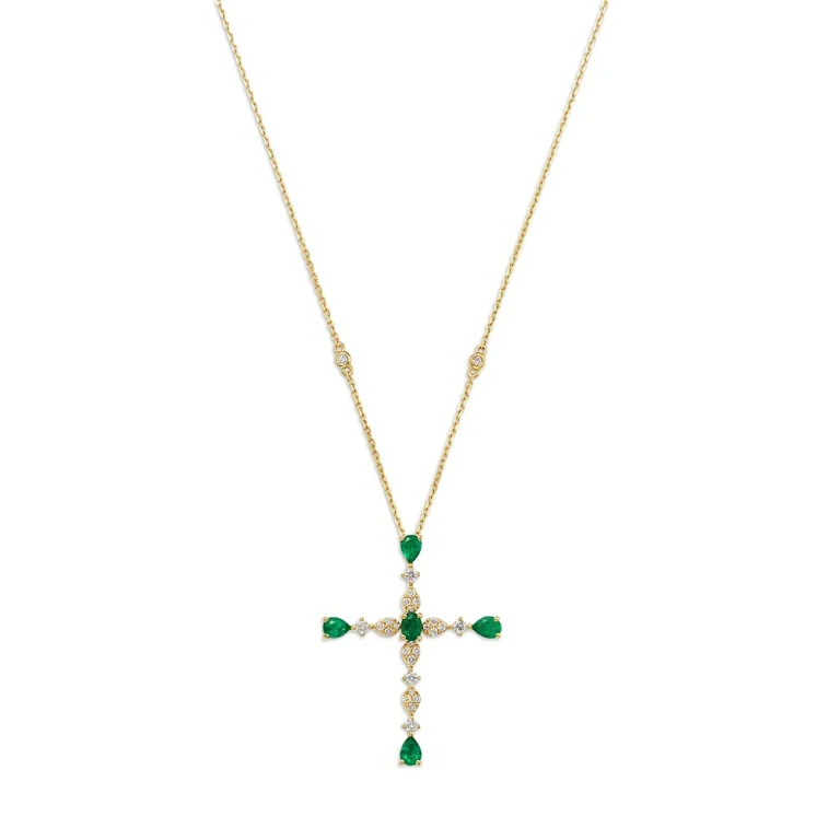 Emerald & Diamond Cross Pendant Necklace in 14K Yellow Gold