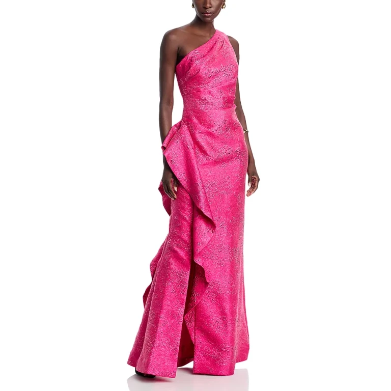 Teri Jon by Rickie Freeman Metallic Jacquard Side Ruffled Gown