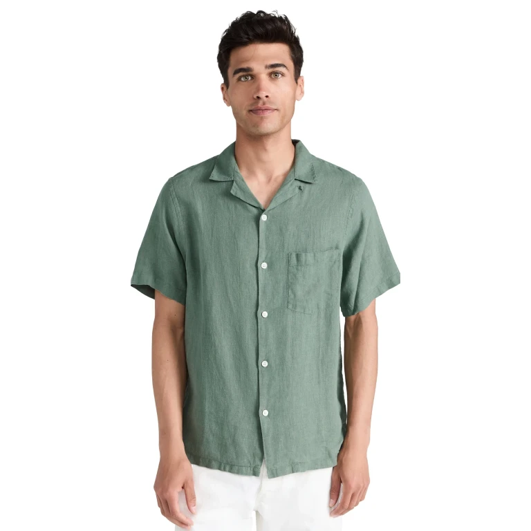 Portuguese Flannel Linen Camp Collar Shirt Dry Green M