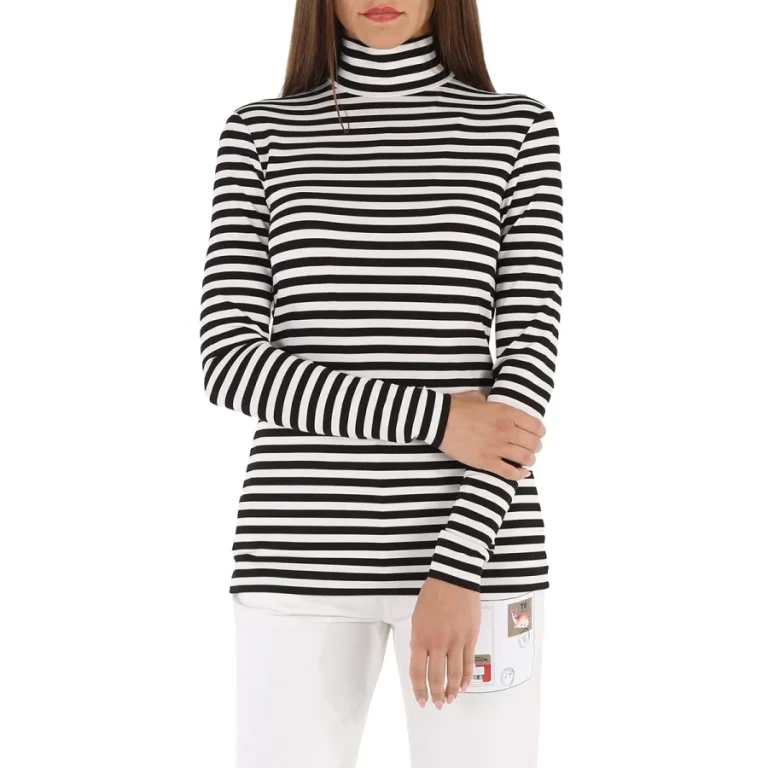 Burberry Ladies Black Striped Stretch Jersey Turtleneck Top