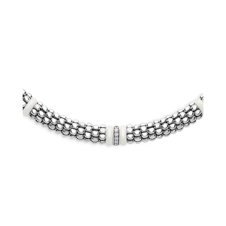 Lagos Ceramic & Sterling Silver White Caviar Diamond Station Necklace, 18