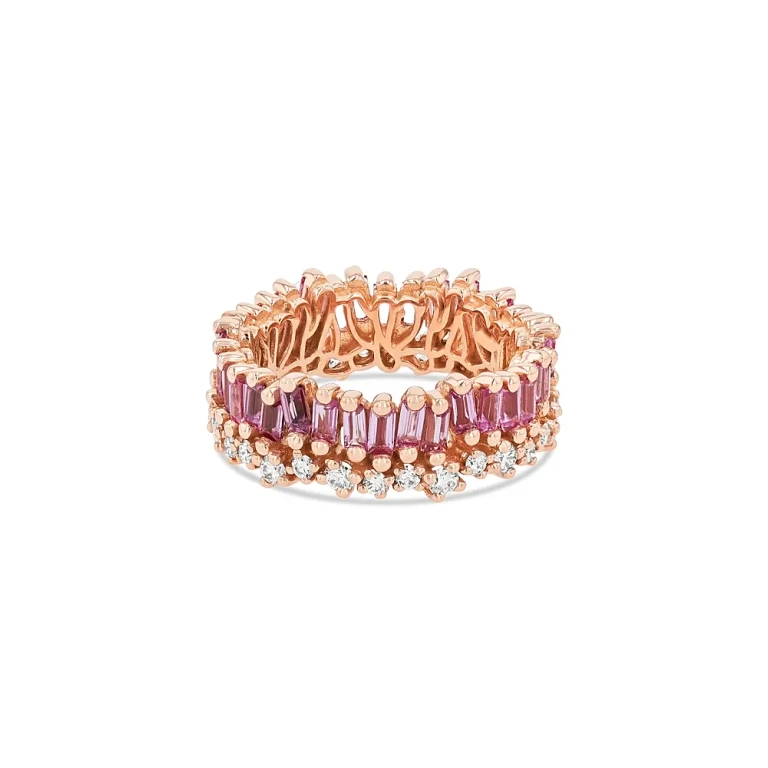 Suzanne Kalan 18K Rose Gold Fireworks Pink Sapphire Baguette & Diamond Asymmetrical Eternity Band