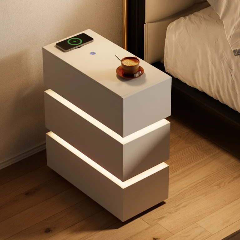 Narrow Smart 3-Drawer Nightstand with Charging Station Bedside Table with Light in White