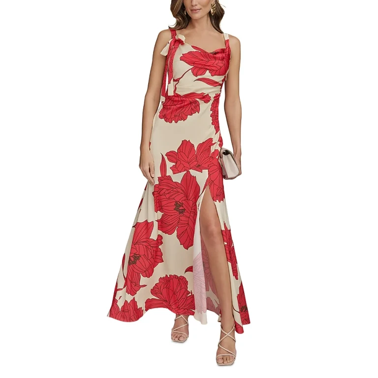 Donna Karan Satin Floral Draped Neck Gown