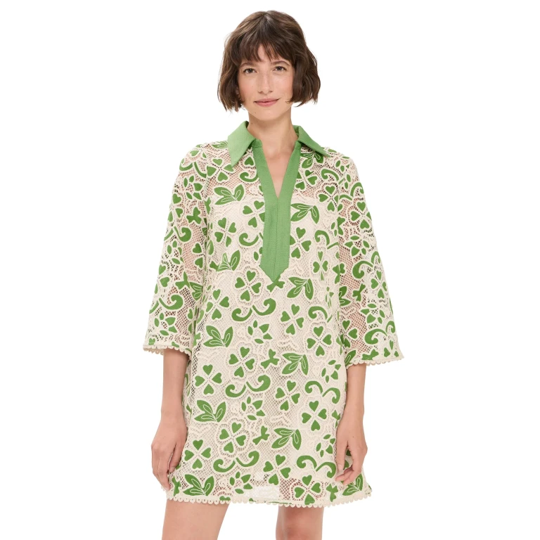 English Factory Embroidered Collar Mini Dress Green/Natural S