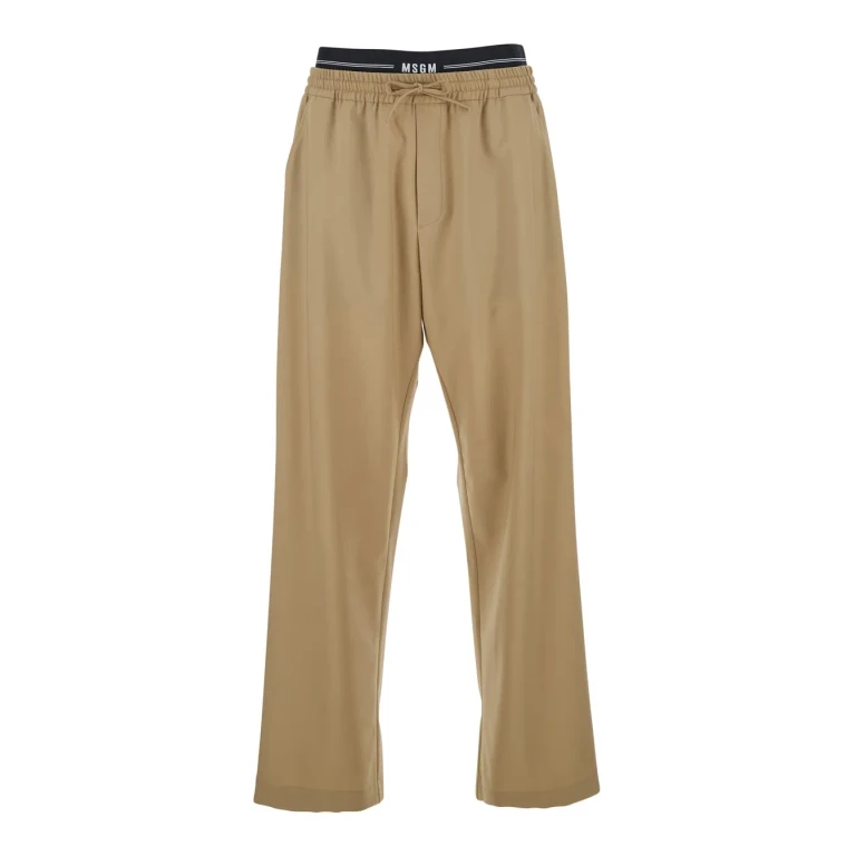 MSGM Beige Pants With Elastic Drawstring Waist In Wool Stretch Man