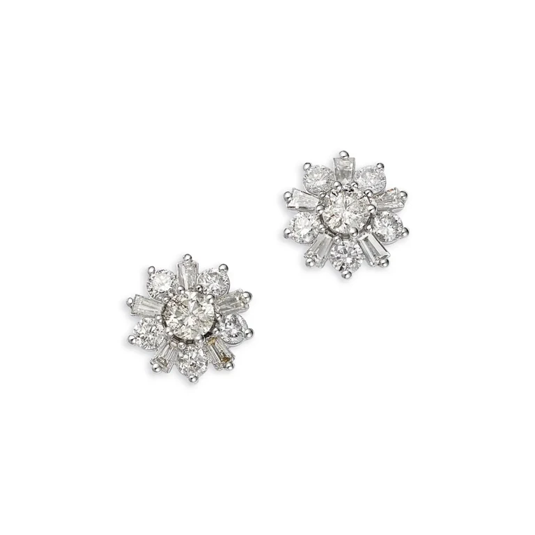 Diamond Flower Stud Earrings in 14K White Gold, 1.25 tcw
